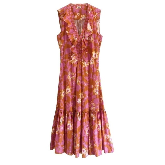 Warm Sierra Sleeveless Orange Pink Floral Cotton Tiered Midi Dress 2 - Picture 2 of 11